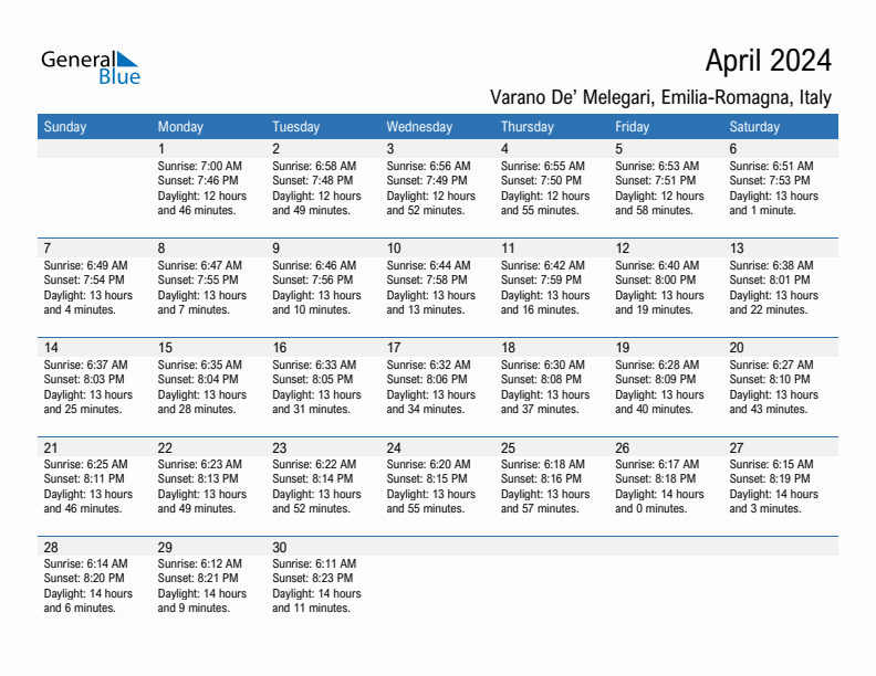 Varano De' Melegari April 2024 sunrise and sunset calendar in PDF, Excel, and Word