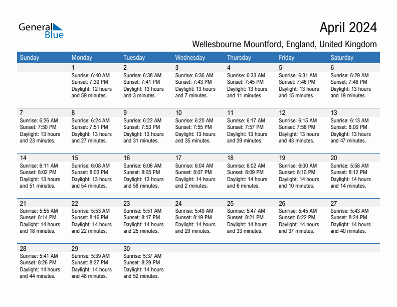 Wellesbourne Mountford April 2024 sunrise and sunset calendar in PDF, Excel, and Word