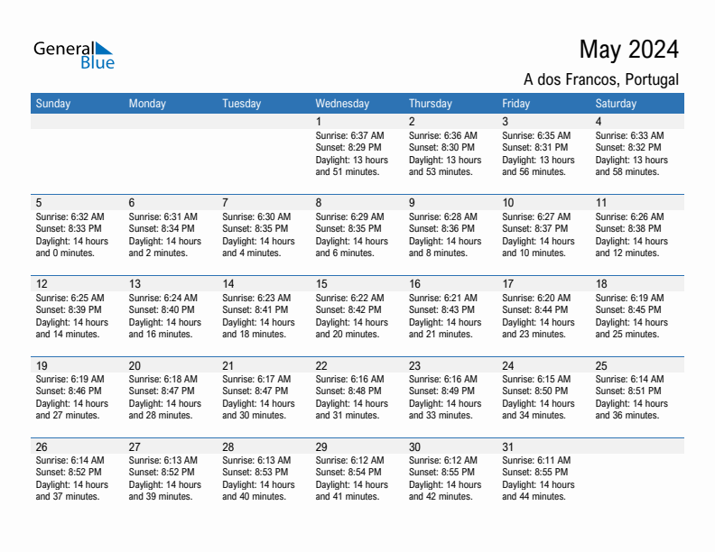 A dos Francos May 2024 sunrise and sunset calendar in PDF, Excel, and Word