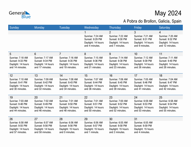 A Pobra do Brollon May 2024 sunrise and sunset calendar in PDF, Excel, and Word