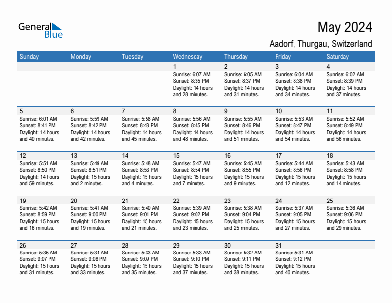 Aadorf May 2024 sunrise and sunset calendar in PDF, Excel, and Word