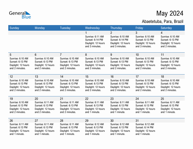 Abaetetuba May 2024 sunrise and sunset calendar in PDF, Excel, and Word