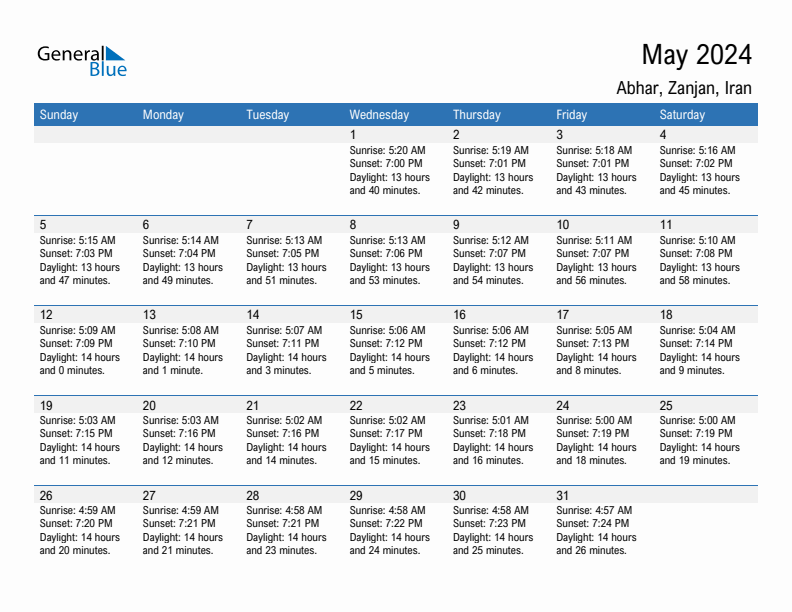 Abhar May 2024 sunrise and sunset calendar in PDF, Excel, and Word