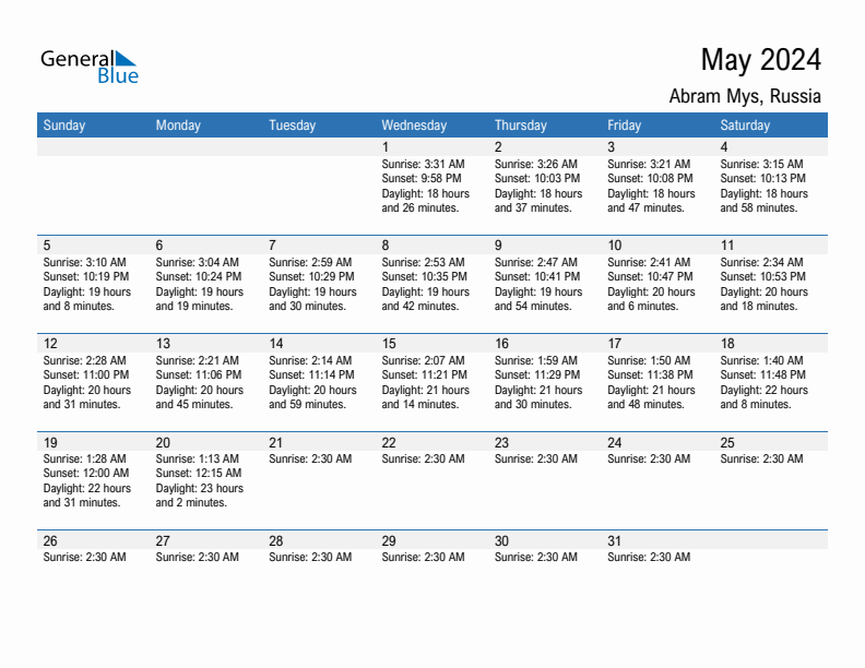 Abram Mys May 2024 sunrise and sunset calendar in PDF, Excel, and Word