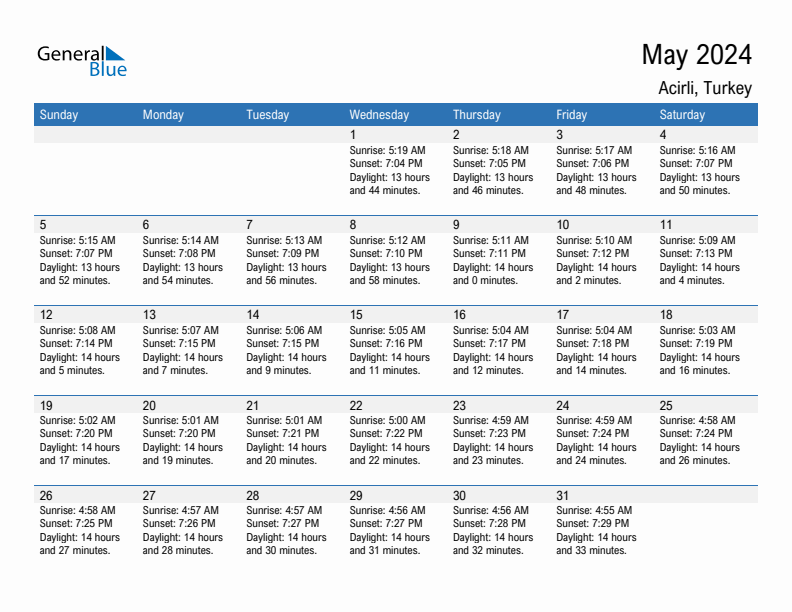 Acirli May 2024 sunrise and sunset calendar in PDF, Excel, and Word