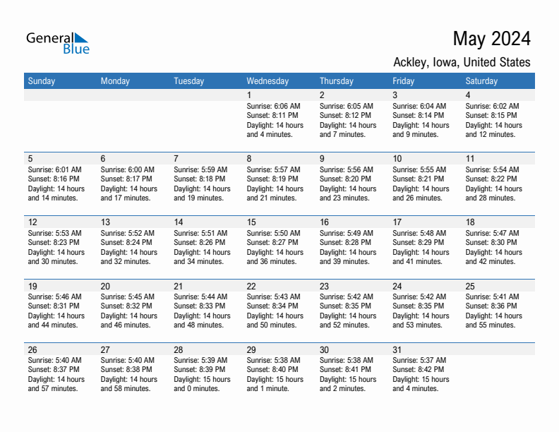 Ackley May 2024 sunrise and sunset calendar in PDF, Excel, and Word