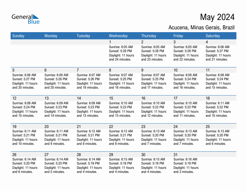 Acucena May 2024 sunrise and sunset calendar in PDF, Excel, and Word