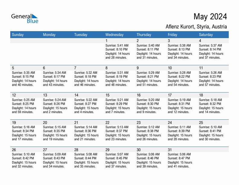 Aflenz Kurort May 2024 sunrise and sunset calendar in PDF, Excel, and Word