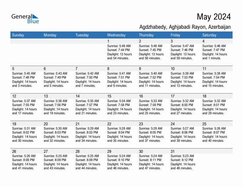 Agdzhabedy May 2024 sunrise and sunset calendar in PDF, Excel, and Word