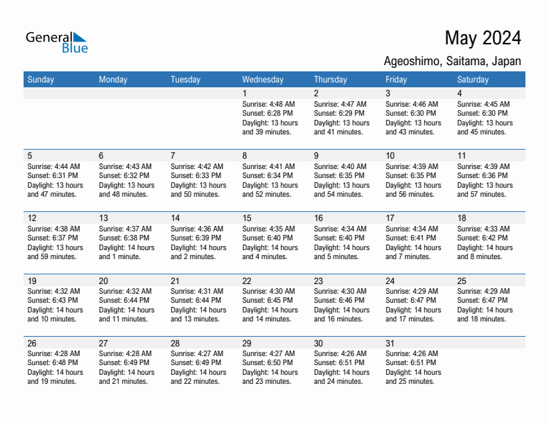 Ageoshimo May 2024 sunrise and sunset calendar in PDF, Excel, and Word