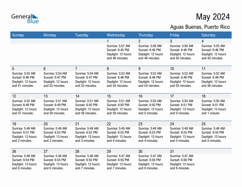 Aguas Buenas May 2024 sunrise and sunset calendar in PDF, Excel, and Word