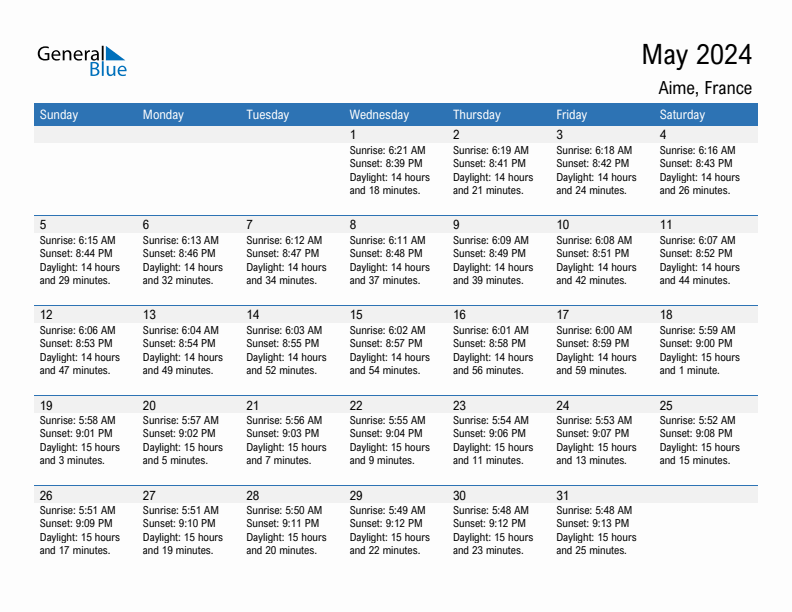 Aime May 2024 sunrise and sunset calendar in PDF, Excel, and Word