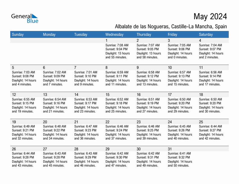 Albalate de las Nogueras May 2024 sunrise and sunset calendar in PDF, Excel, and Word