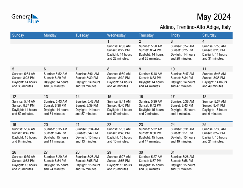 Aldino May 2024 sunrise and sunset calendar in PDF, Excel, and Word