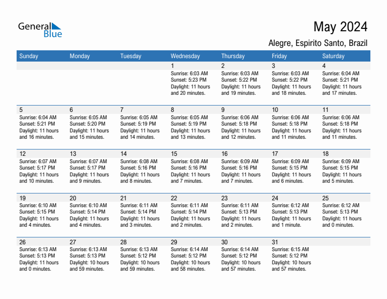 Alegre May 2024 sunrise and sunset calendar in PDF, Excel, and Word