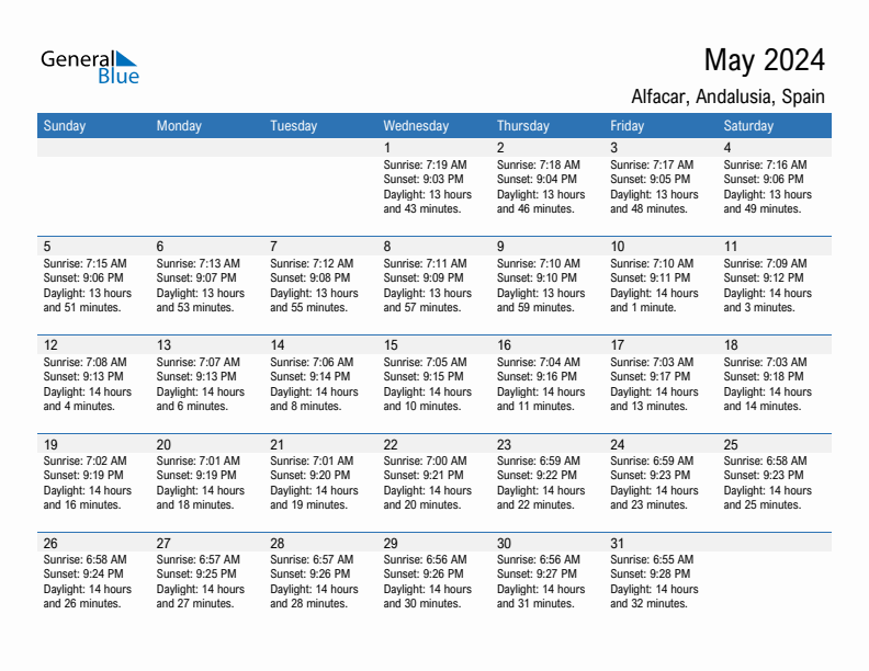 Alfacar May 2024 sunrise and sunset calendar in PDF, Excel, and Word