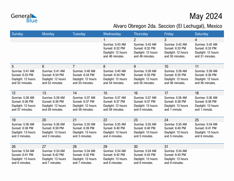 Alvaro Obregon 2da. Seccion (El Lechugal) May 2024 sunrise and sunset calendar in PDF, Excel, and Word