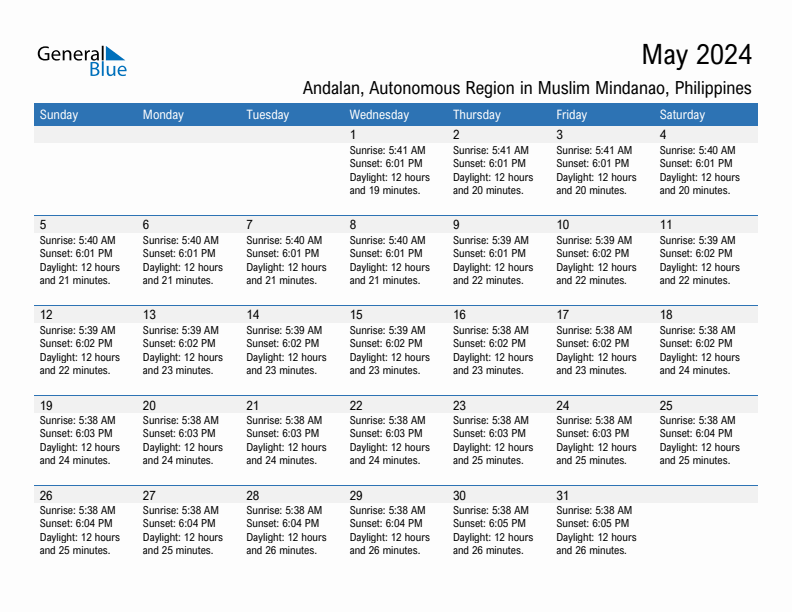 Andalan May 2024 sunrise and sunset calendar in PDF, Excel, and Word