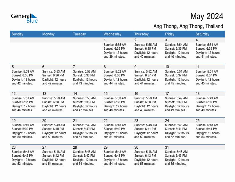 Ang Thong May 2024 sunrise and sunset calendar in PDF, Excel, and Word