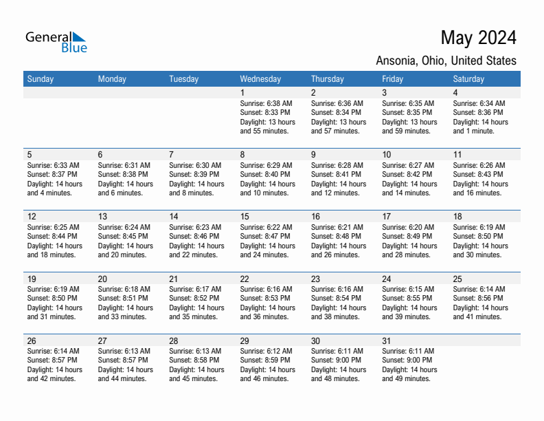 Ansonia May 2024 sunrise and sunset calendar in PDF, Excel, and Word