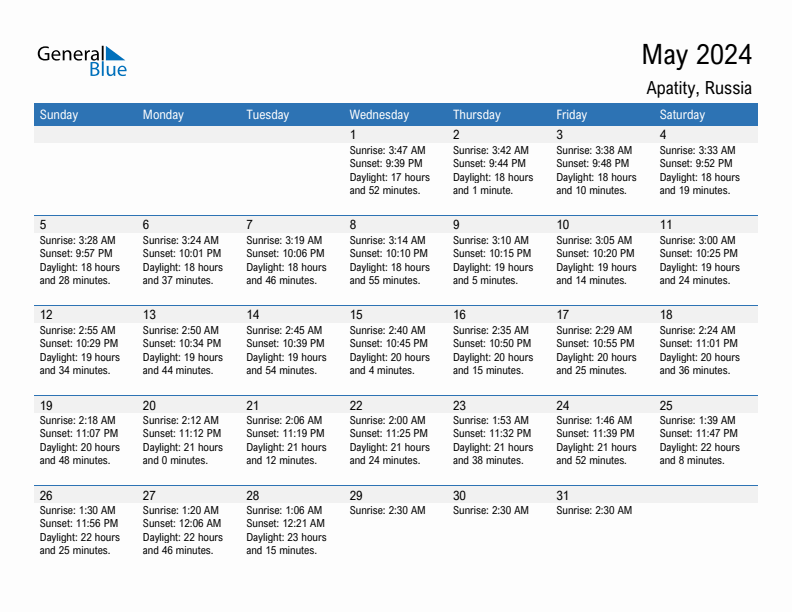 Apatity May 2024 sunrise and sunset calendar in PDF, Excel, and Word