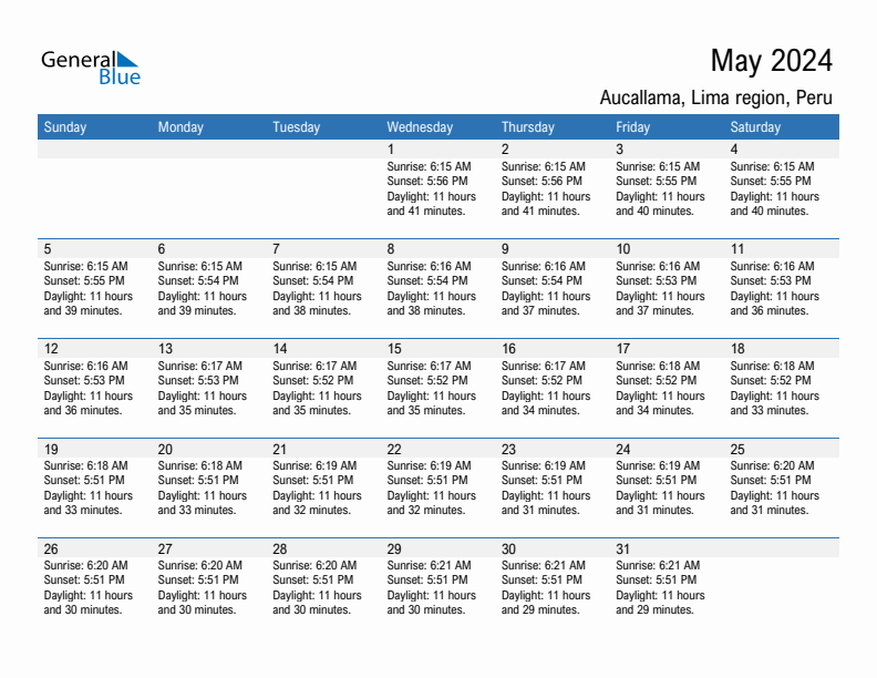 Aucallama May 2024 sunrise and sunset calendar in PDF, Excel, and Word