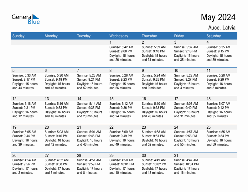 Auce May 2024 sunrise and sunset calendar in PDF, Excel, and Word