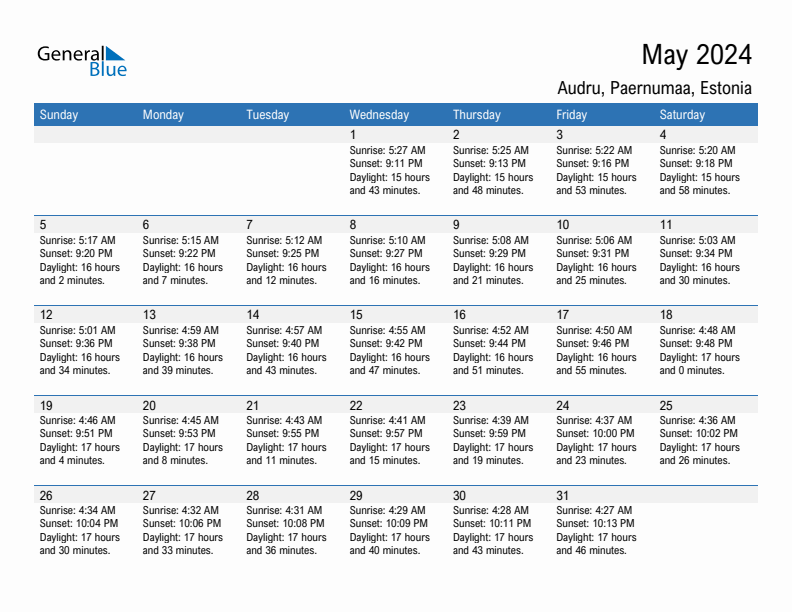 Audru May 2024 sunrise and sunset calendar in PDF, Excel, and Word