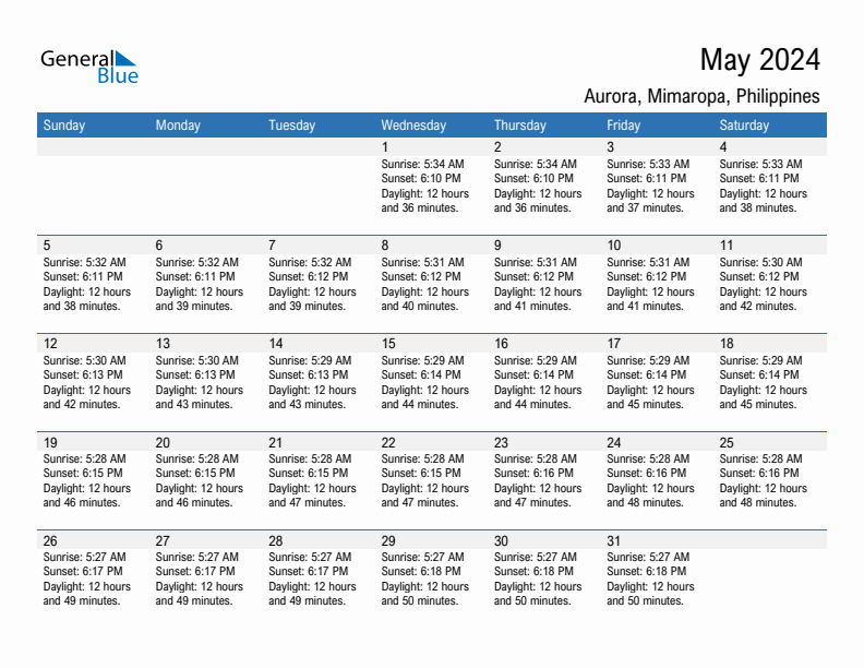 Aurora May 2024 sunrise and sunset calendar in PDF, Excel, and Word