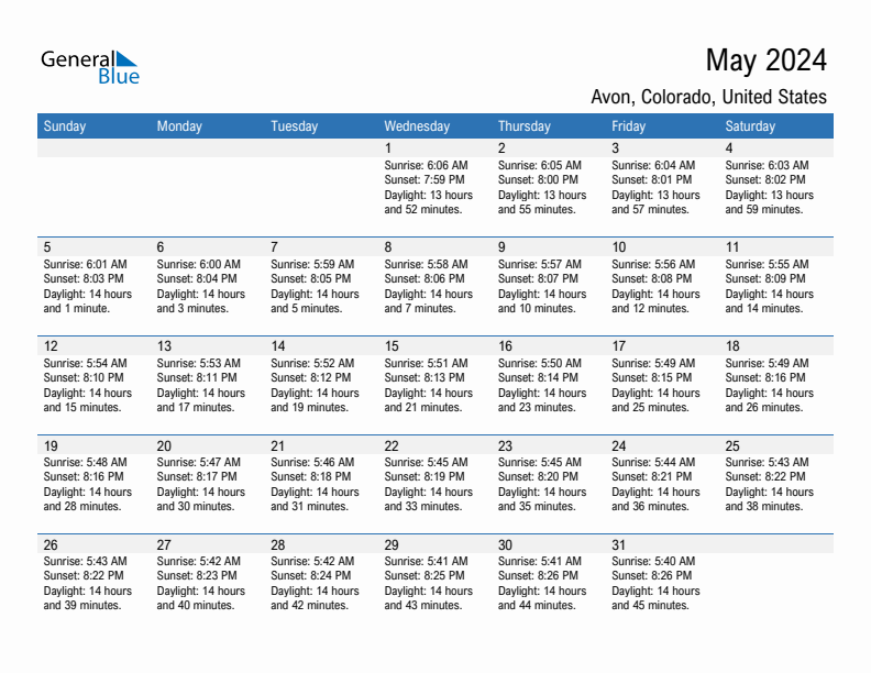 Avon May 2024 sunrise and sunset calendar in PDF, Excel, and Word