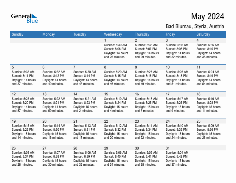 Bad Blumau May 2024 sunrise and sunset calendar in PDF, Excel, and Word