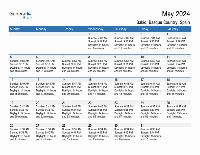 Bakio May 2024 sunrise and sunset calendar in PDF, Excel, and Word