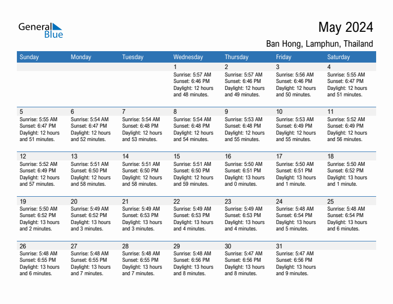 Ban Hong May 2024 sunrise and sunset calendar in PDF, Excel, and Word