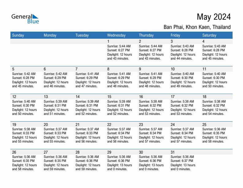 Ban Phai May 2024 sunrise and sunset calendar in PDF, Excel, and Word