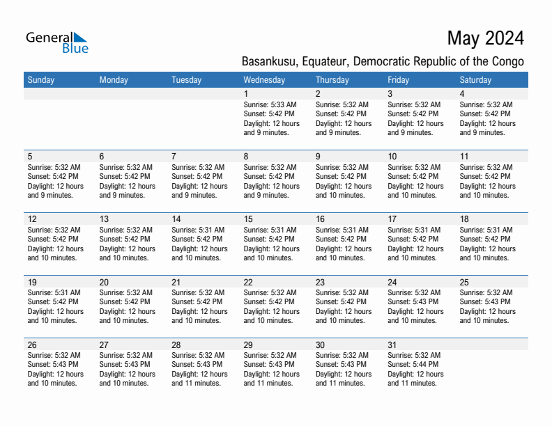 Basankusu May 2024 sunrise and sunset calendar in PDF, Excel, and Word