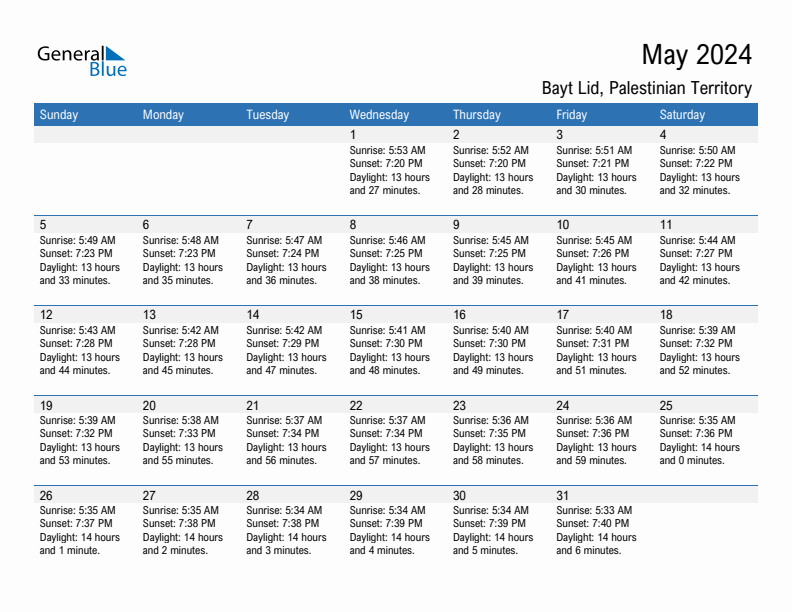 Bayt Lid May 2024 sunrise and sunset calendar in PDF, Excel, and Word