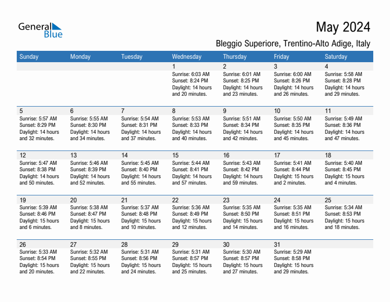 Bleggio Superiore May 2024 sunrise and sunset calendar in PDF, Excel, and Word