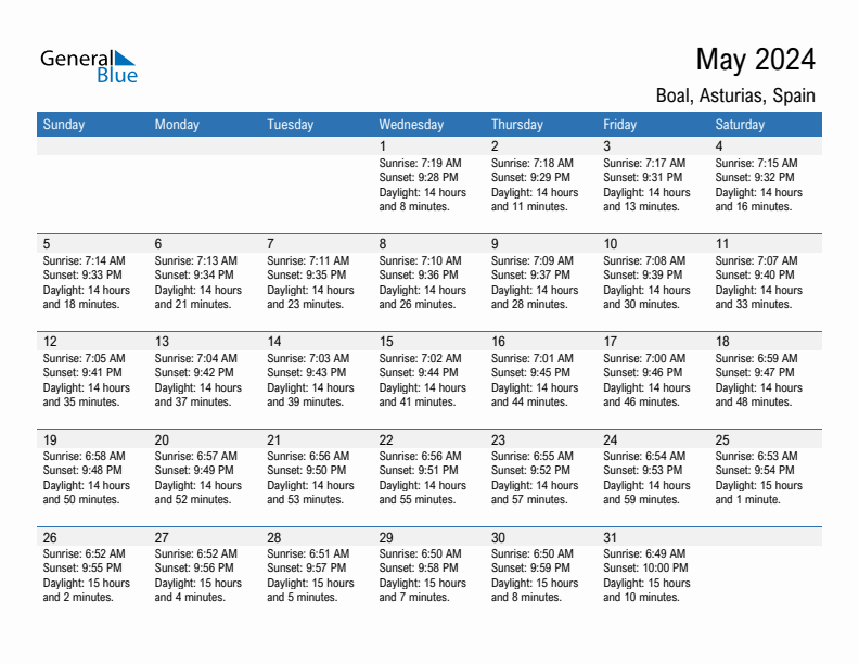 Boal May 2024 sunrise and sunset calendar in PDF, Excel, and Word