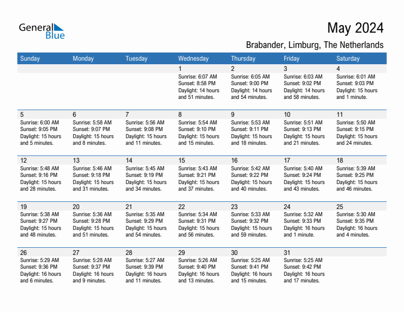 Brabander May 2024 sunrise and sunset calendar in PDF, Excel, and Word