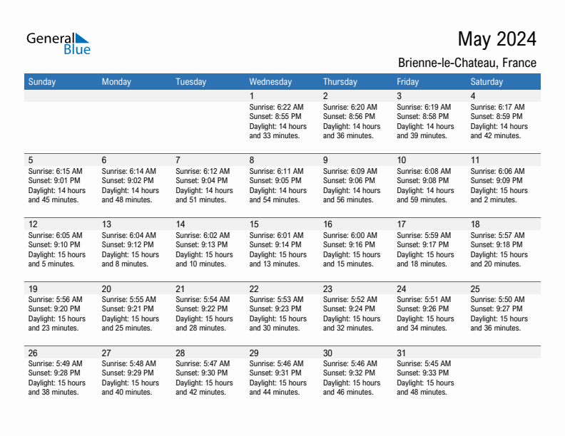 Brienne-le-Chateau May 2024 sunrise and sunset calendar in PDF, Excel, and Word