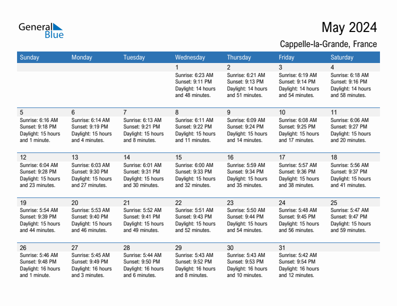 Cappelle-la-Grande May 2024 sunrise and sunset calendar in PDF, Excel, and Word