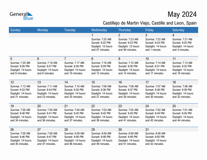 Castillejo de Martin Viejo May 2024 sunrise and sunset calendar in PDF, Excel, and Word