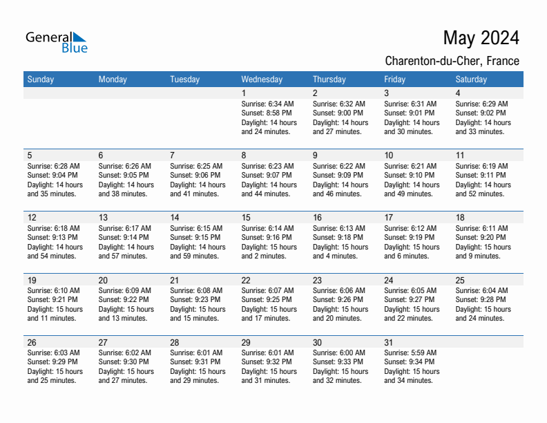 Charenton-du-Cher May 2024 sunrise and sunset calendar in PDF, Excel, and Word