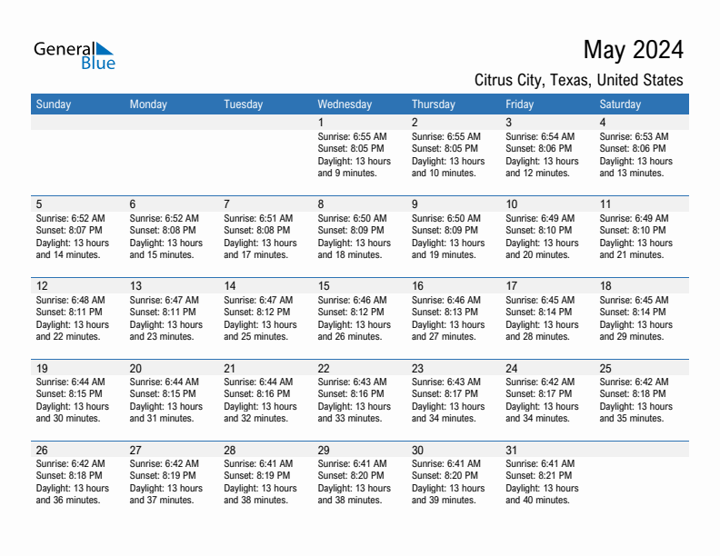 Citrus City May 2024 sunrise and sunset calendar in PDF, Excel, and Word