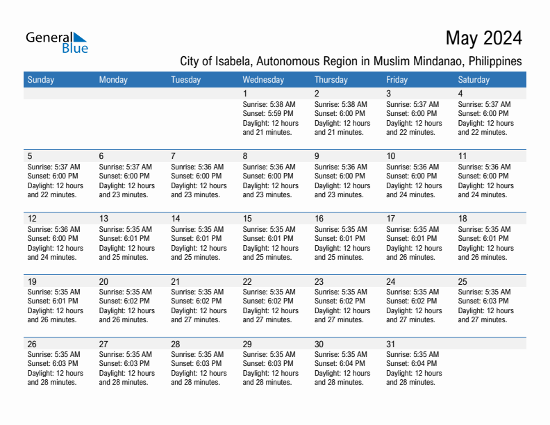 City of Isabela May 2024 sunrise and sunset calendar in PDF, Excel, and Word