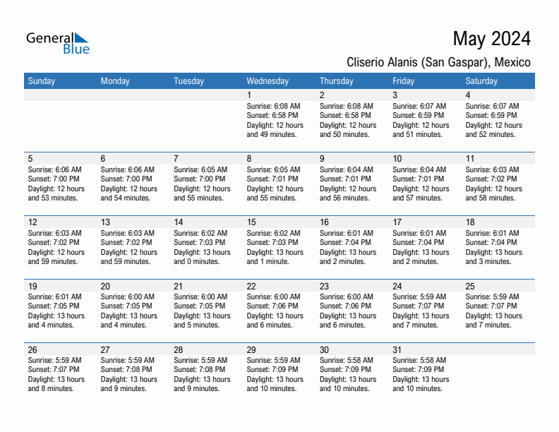 Cliserio Alanis (San Gaspar) May 2024 sunrise and sunset calendar in PDF, Excel, and Word