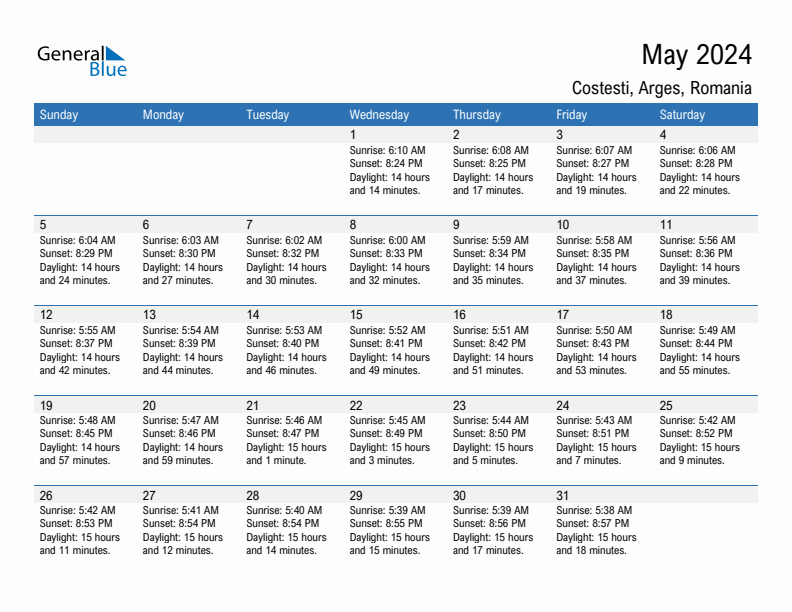 Costesti May 2024 sunrise and sunset calendar in PDF, Excel, and Word