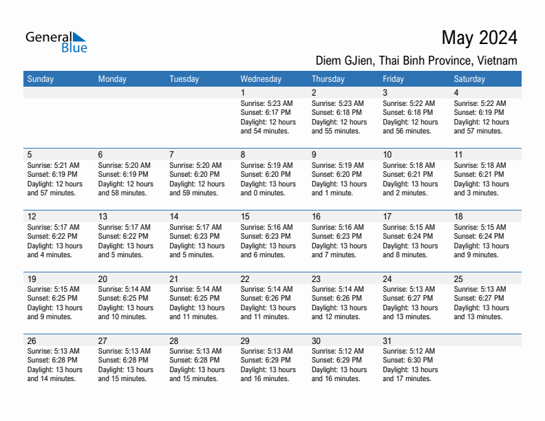 Diem GJien May 2024 sunrise and sunset calendar in PDF, Excel, and Word