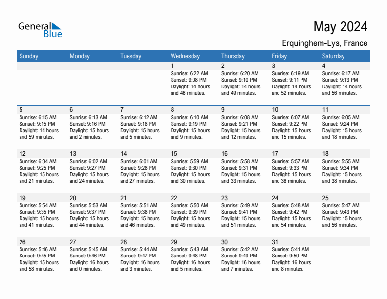 Erquinghem-Lys May 2024 sunrise and sunset calendar in PDF, Excel, and Word