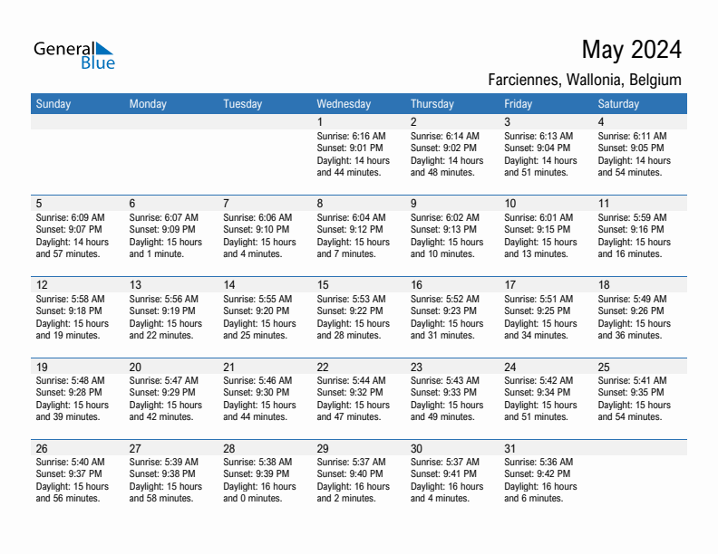 Farciennes May 2024 sunrise and sunset calendar in PDF, Excel, and Word